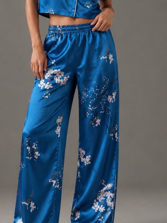 Pants - Blue Floral Satin Pajama Pants M Cherry Blossom Lounge Sleepwear